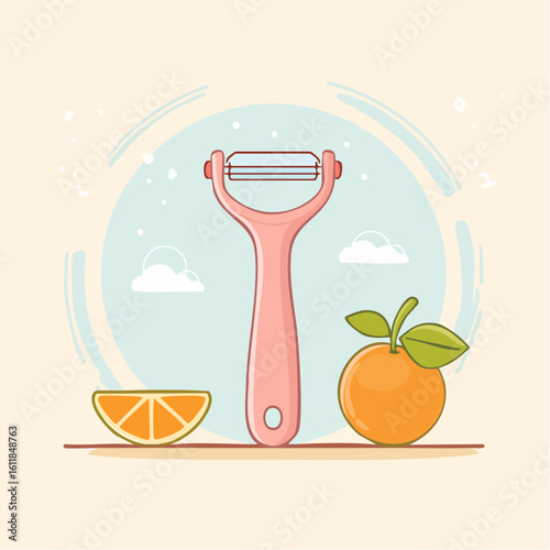 Pink Y-shaped vegetable peeler with a metal blade and hanging hole cartoon style.