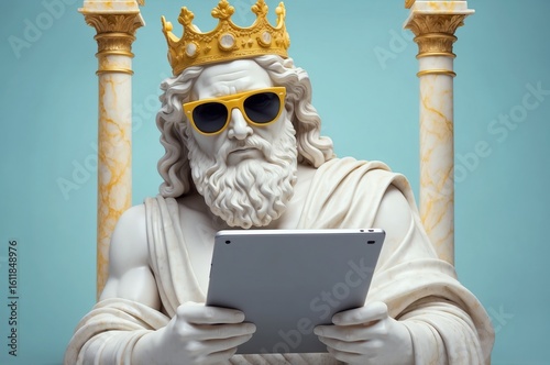 Statue of a king wearing sunglasses while using a tablet in a classical setting with columns and a blue background