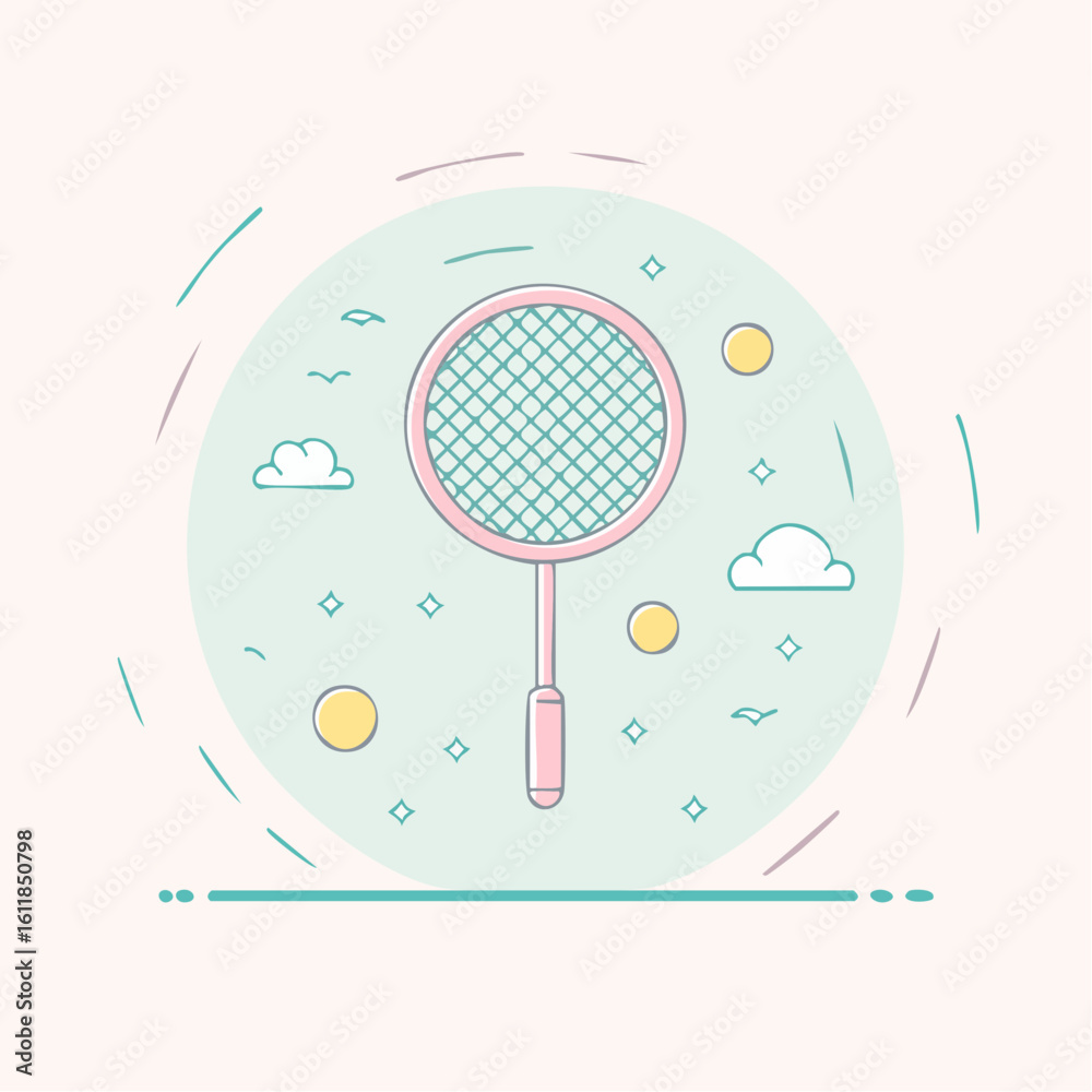 Naklejka premium Minimalist line art of a pink badminton racket with a turquoise net Flat design illustration with pastel colors.