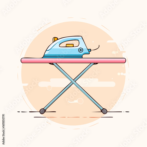Stylized blue electric iron with yellow details on a pink ironing board with crisscross legs flat line art style.