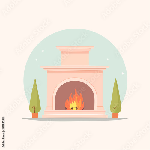Elegant pink fireplace with a warm burning fire mantelpiece and two green potted trees.
