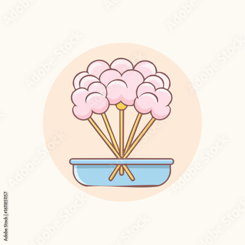 Pastel pink cotton candy bouquet on yellow sticks in a light blue container cute cartoon style.