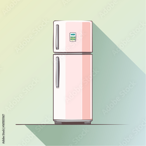 Illustrated pink two-door refrigerator with a top freezer and digital display.