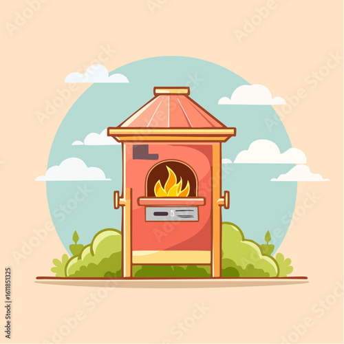Red outdoor wood-fired pizza oven with a conical roof and burning flames cartoon style illustration.