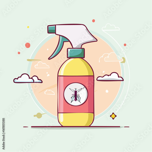 Yellow plastic spray bottle of mosquito repellent with a pink label and teal nozzle.