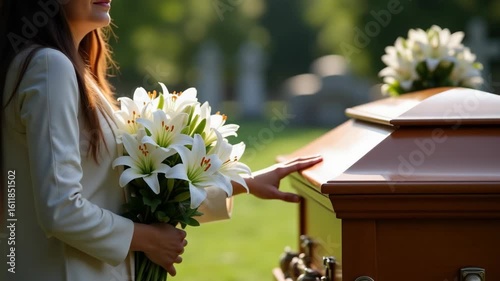 Mourning loss with woman's hand resting on coffin with lilies. Remembrance of loved one at burial with fresh flowers expressing mourning loss.