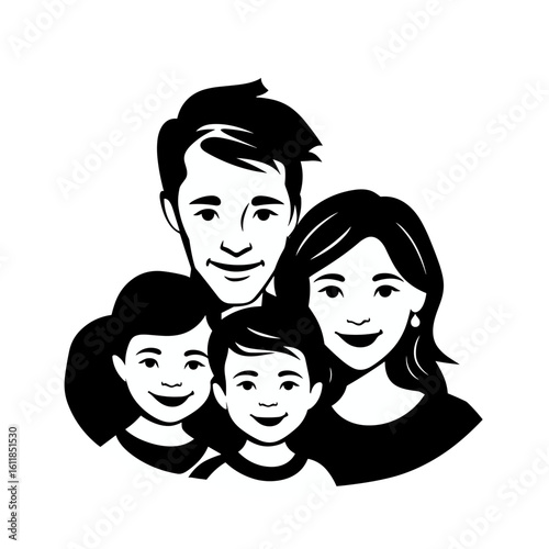 A happy family portrait with smiling parents and two children on a transparent background