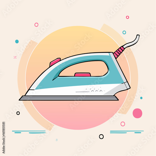 Modern electric steam iron illustration with a sleek teal and white body pink accents and a bold blue outline.