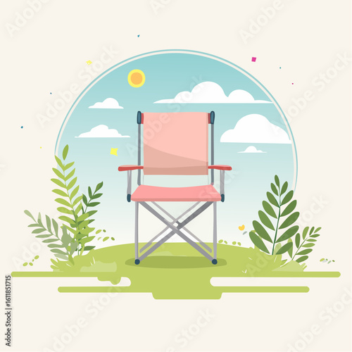 Pink portable folding camping chair with a silver metal frame and red armrests Flat vector illustration style.