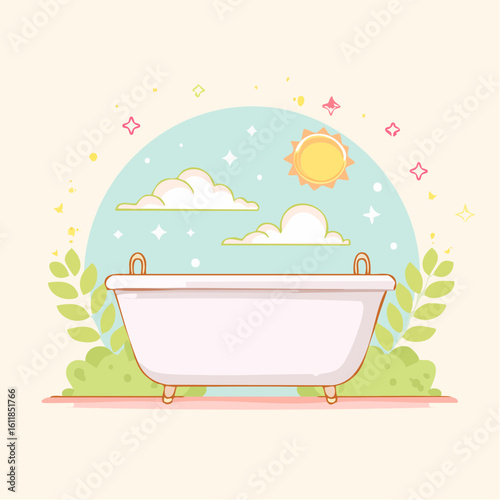 Vintage white clawfoot-style bathtub illustration set in a whimsical sunny outdoor garden.