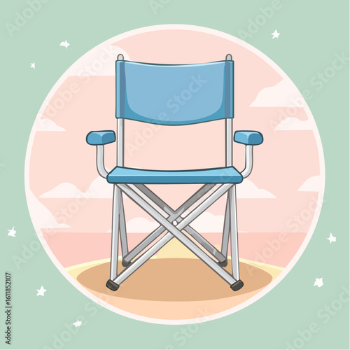 A simple cartoon illustration of a light blue folding camping chair Portable outdoor furniture with a silver metal frame and fabric seat shown from the front.