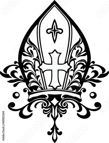 Ornate Black and White Vector Pope Mitre with Decorative Cross and Flourishes