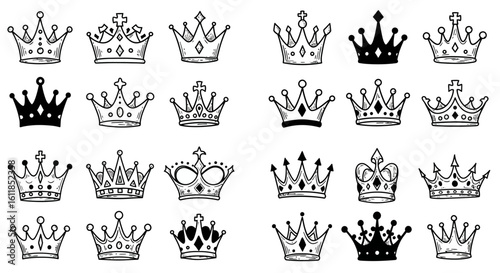 Collection of Hand Drawn Crowns in Black and White Doodle Style
