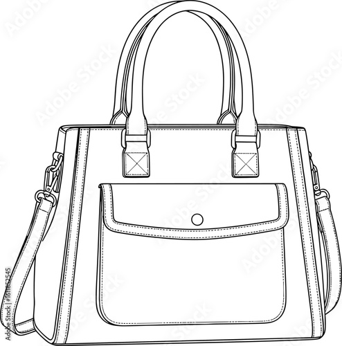 Elegant leather handbag CAD drawing, front view vector illustration, fashion purse design, technical flat sketch, shoulder bag accessory layout