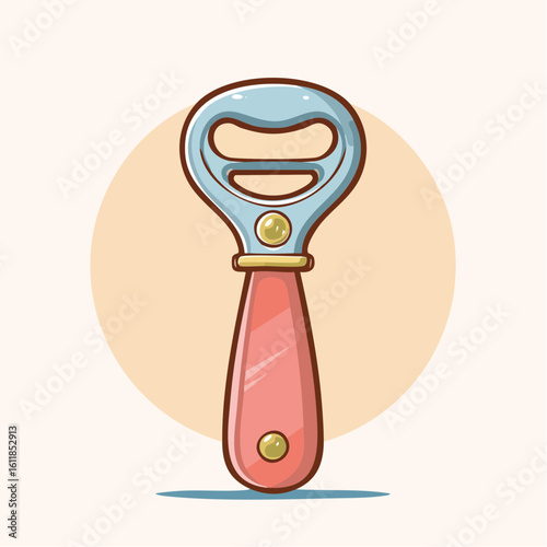 Stylized cartoon bottle opener with a pink handle blue metal head and gold rivets.