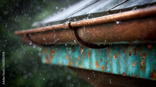 Rainwater collection copper gutter system with copper patina finish on eco roof