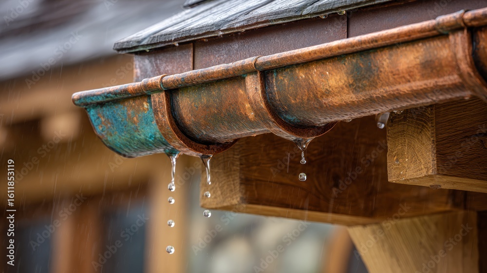 Obraz premium Rainwater collection copper gutter system with copper patina finish on eco roof