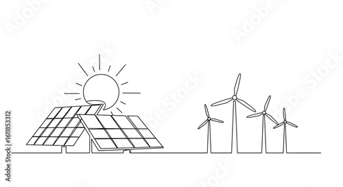 Continuous Line Drawing of Solar Panels and Wind Turbines for Green Energy