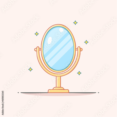 Elegant oval table mirror with a golden stand and sparkling highlights.