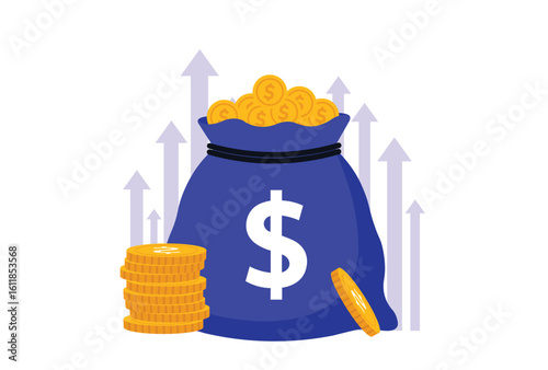 Money Bag and Financial Growth Arrows, Increasing Wealth and Investment Returns Vector Illustration.