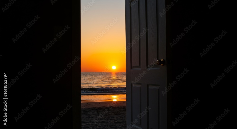 Fototapeta premium Open White Door Framing a Tranquil Beach Sunset with Warm Glow and Dark Interior Contrast
