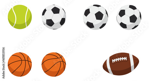 Four sports balls including soccer basketball and football on a white background