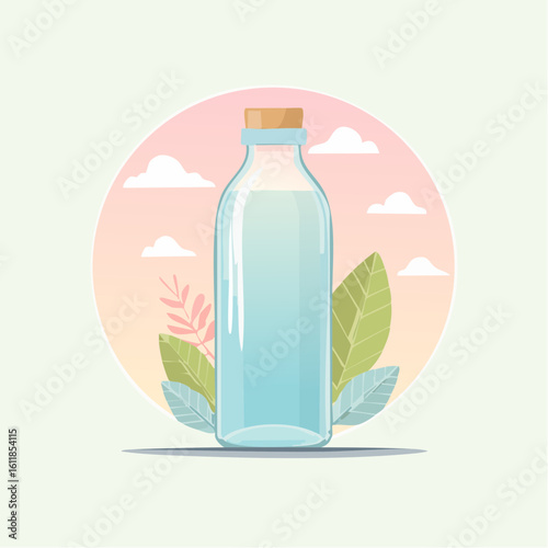 Elegant transparent glass bottle with a cork stopper surrounded by stylized pastel leaves in a flat design.