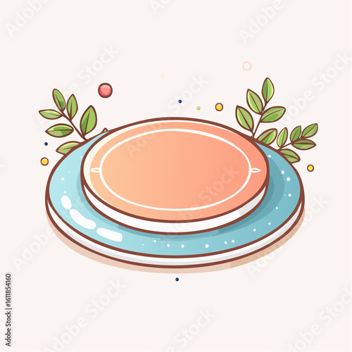 Charming hand-drawn illustration of stacked white plates garnished with fresh green sprigs.