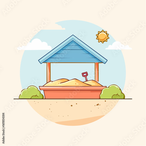 A colorful cartoon illustration of a childrens sandbox with a blue wooden roof for shade filled with yellow sand and a small red shovel.