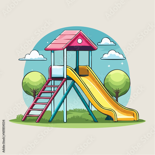 Colorful cartoon playground slide with a red-roofed tower yellow chute and red ladder.