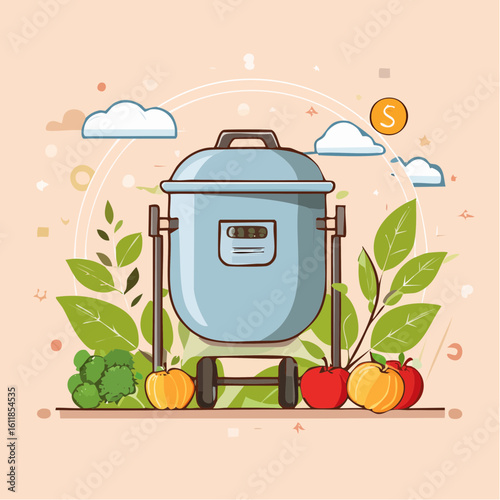A modern blue food processor on a wheeled stand surrounded by fresh organic apples pumpkins and leafy greens.