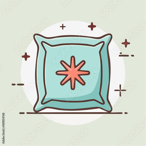 Cute light blue cartoon pillow with a pink starburst embroidery A soft square decorative cushion with thick outlines.