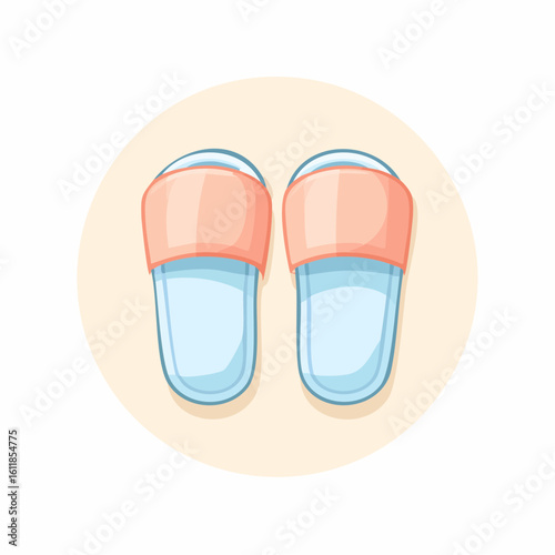 Cute cartoon house slippers with blue soles and peach straps top-down view.