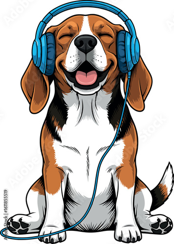 Cute Cartoon Beagle Dog Listening to Music with Headphones – Fun Animal Illustration

