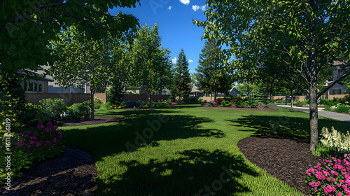 Lush green common area with well-maintained landscaping, featuring colorful flowers and trees, bordered by homes.  Shadows cast by trees on the manicured lawn