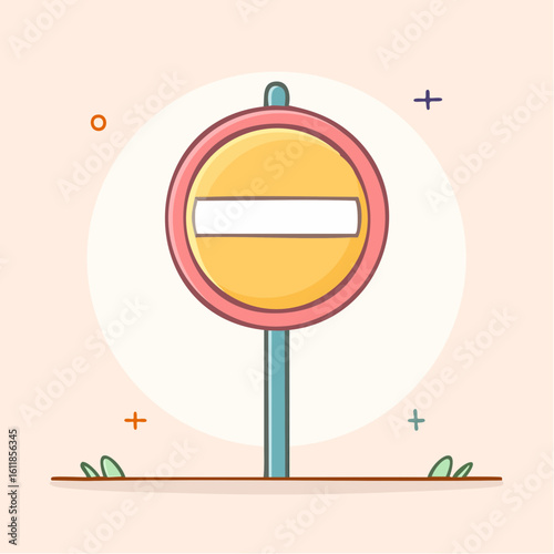 Cute cartoon Do Not Enter road sign with a red border yellow center and white horizontal bar on a pole.