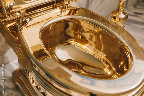 Golden toilet shining in luxurious bathroom, symbolizing wealth, opulence, and high end lifestyle