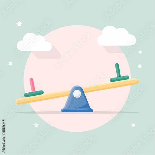 Colorful cartoon seesaw with a yellow plank blue fulcrum and pink and green seats slightly tilted.