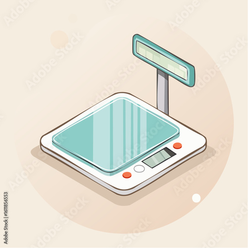 Isometric digital weighing scale with a teal platform dual displays and orange buttons.