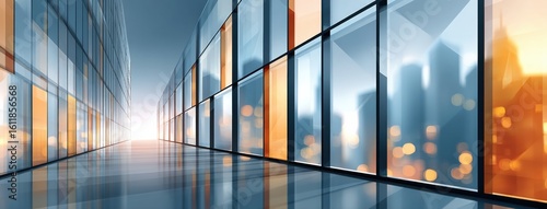 Modern cityscape reflections on glass buildings during a serene sunset