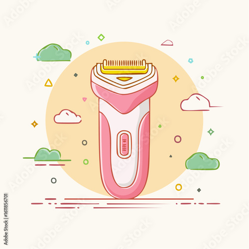 Cartoon illustration of a pink and white electric epilator with a golden trimmer head for womens grooming.