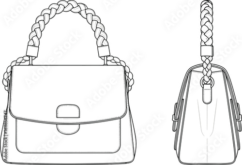 Fashion handbag CAD drawing, flat vector illustration, front and side technical view, braided handle purse sketch, accessory design template