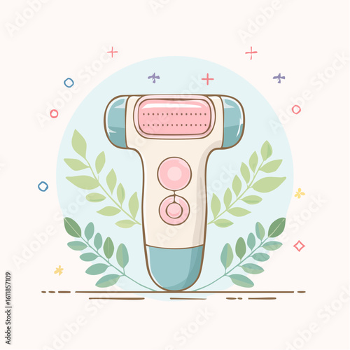 Charming cartoon electric foot file with a pink roller head and blue accents in a cute kawaii style.