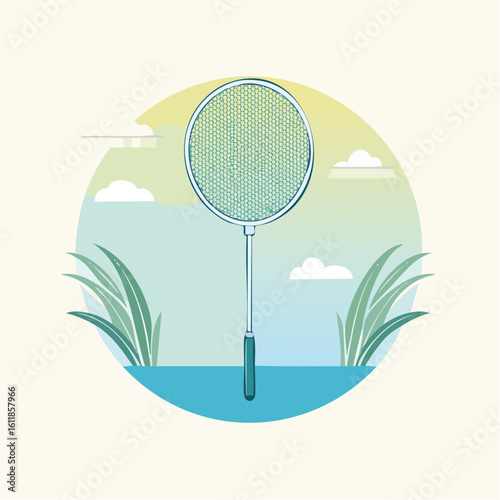 Stylized fly swatter illustration with a round head green honeycomb mesh and a teal handle.