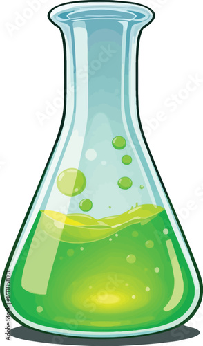 A green liquid in a science flask for chemistry experiments and research