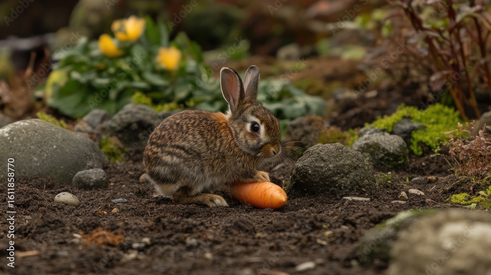 Fototapeta premium Small brown rabbit eating carrot in garden