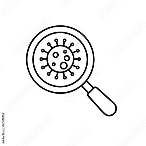 Minimalist Line Art of Magnifying Glass Inspecting Virus Structure