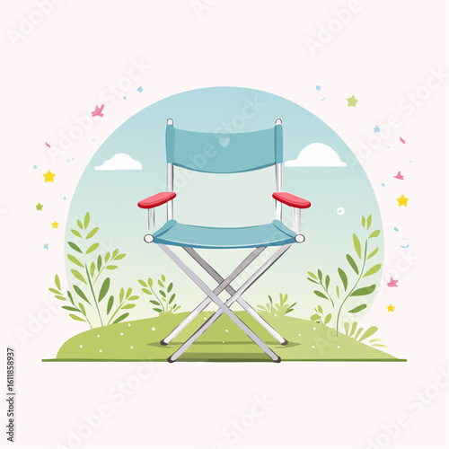Stylized light blue folding camp chair with a silver metal frame and vibrant red armrests.