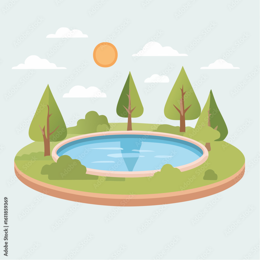 Fototapeta premium Floating island landscape diorama with a circular pond stylized trees and a sun.