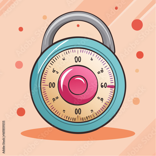 Illustrated round combination padlock with a white dial turquoise rim and numbered face.